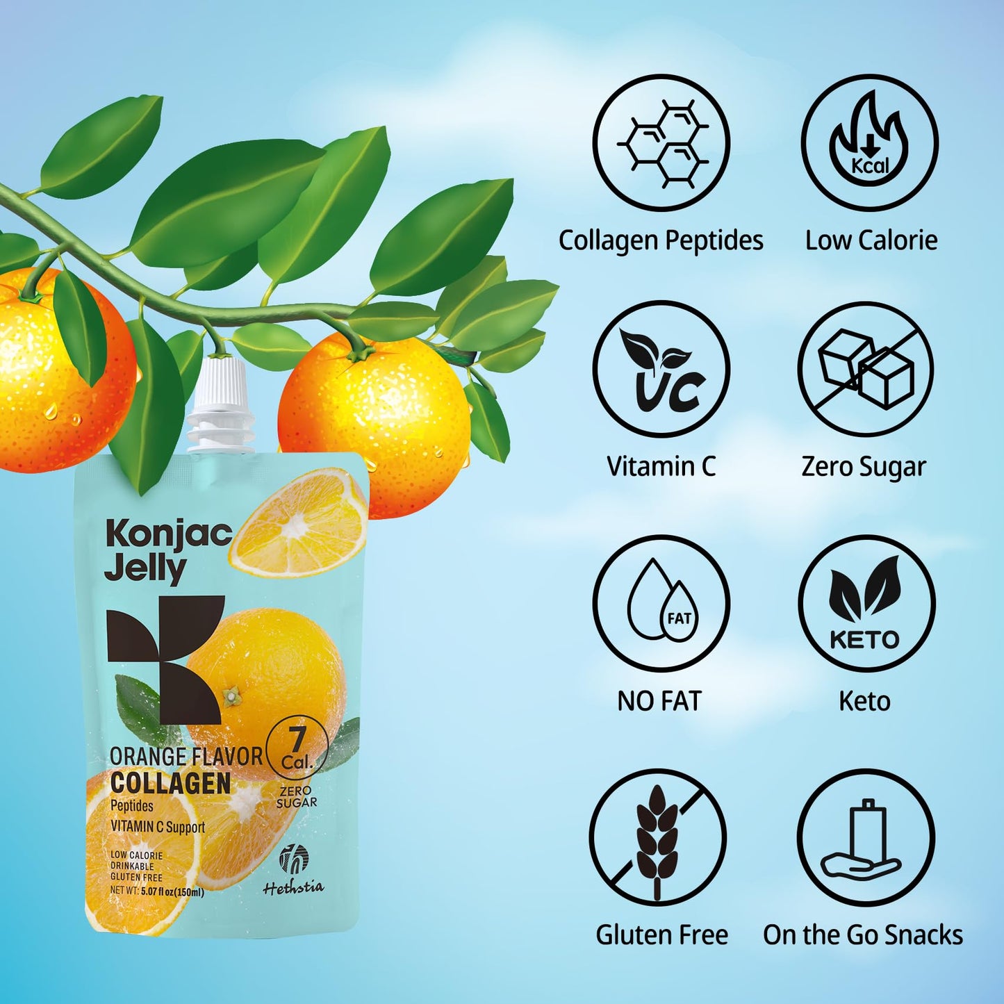 Hethstia Orange Konjac Jelly with Collagen – 10 Pouches | Keto, Sugar-Free, Gluten-Free, Vitamin C