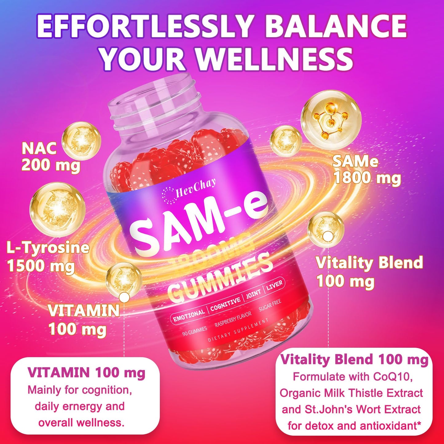 HevChay 1800 MG SAM-e Gummies – Brain, Mood, Joints, Liver | 90 Vegan Gummies