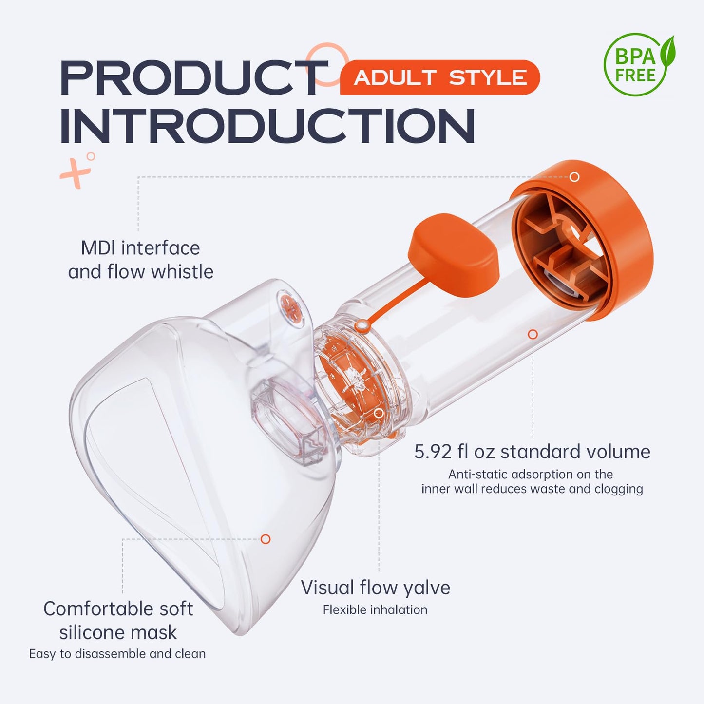 HEWEJA NESSI OTC Spacer – Handheld Inhaler Spacer for All Ages (Orange, Anti-Static)