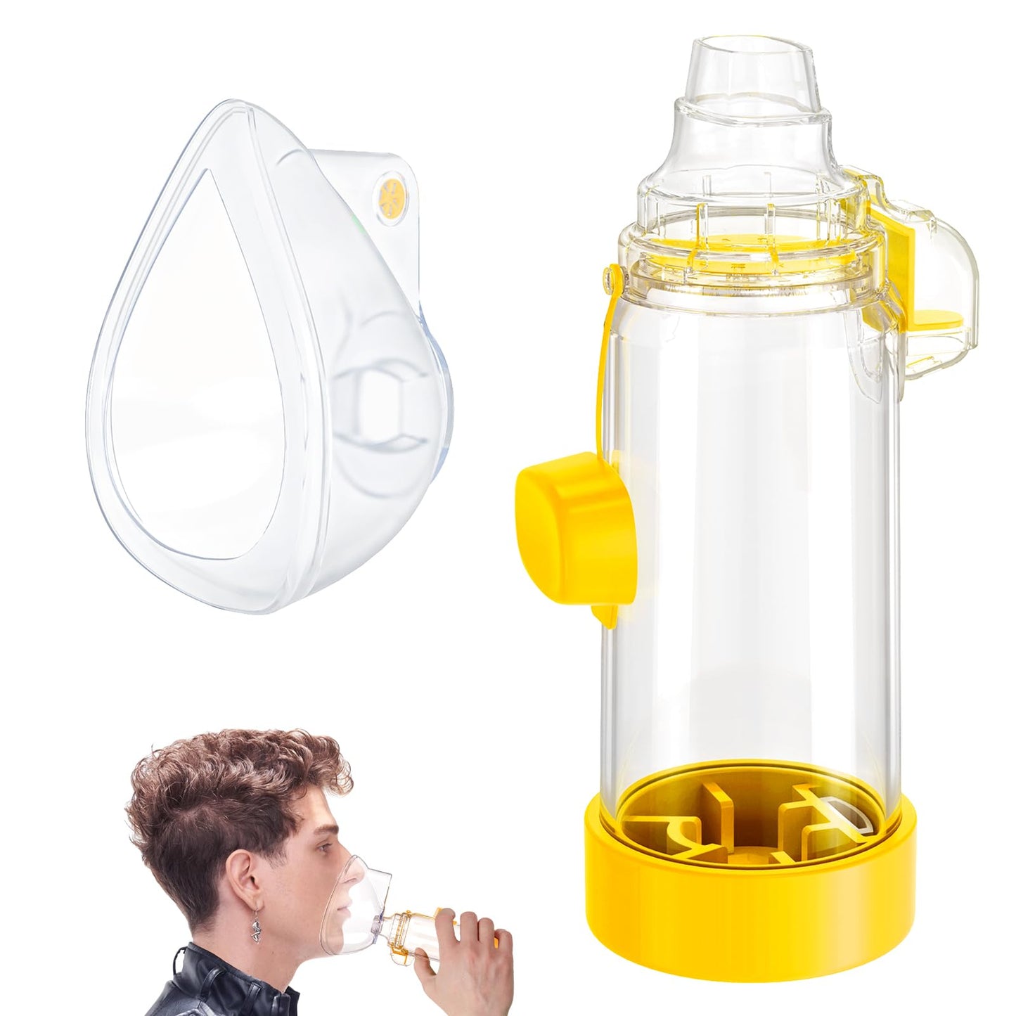 HEWEJA NESSI OTC Spacer — Handheld Inhaler Spacer for All Ages | Anti-Static, Portable, Easy-Clean with Soft Silicone Mask (Yellow - Adult)