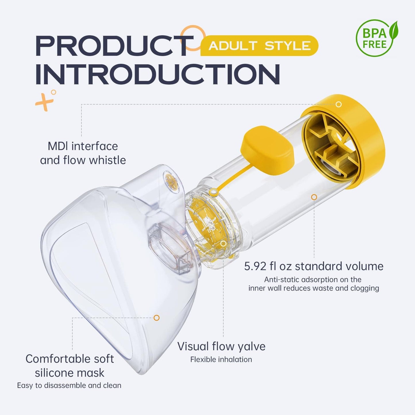 HEWEJA NESSI OTC Spacer — Handheld Inhaler Spacer for All Ages | Anti-Static, Portable, Easy-Clean with Soft Silicone Mask (Yellow - Adult)