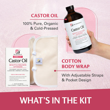 Pure Castor Oil Pack Kit, Large – Hexane-Free Cold-Pressed Castor Oil in Glass Bottle with Adjustable Reusable Organic Cotton Wrap | M3 Naturals