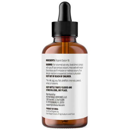 100% Pure Organic Castor Oil for Hair, Lash and Eyebrow Growth, Lymphatic Drainage and Skin Hydration | Hexane-Free, Cold Pressed, Unrefined in a 4 fl oz Glass Bottle with Dropper