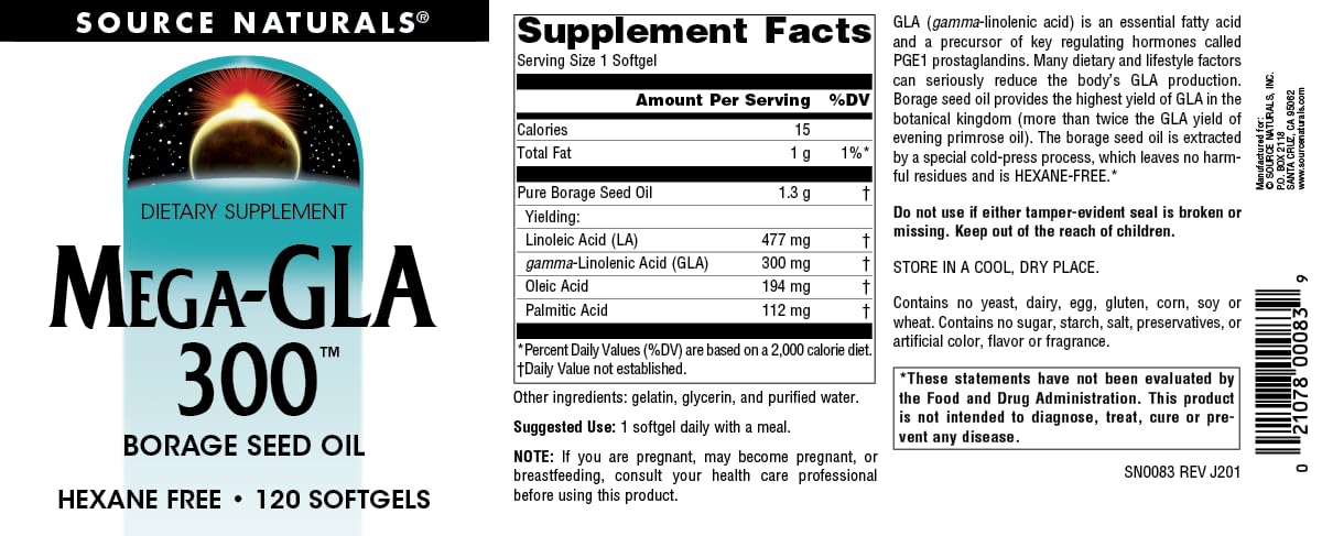 Source Naturals Mega-GLA 300 - Hexane-Free Borage Seed Oil Softgels (120)