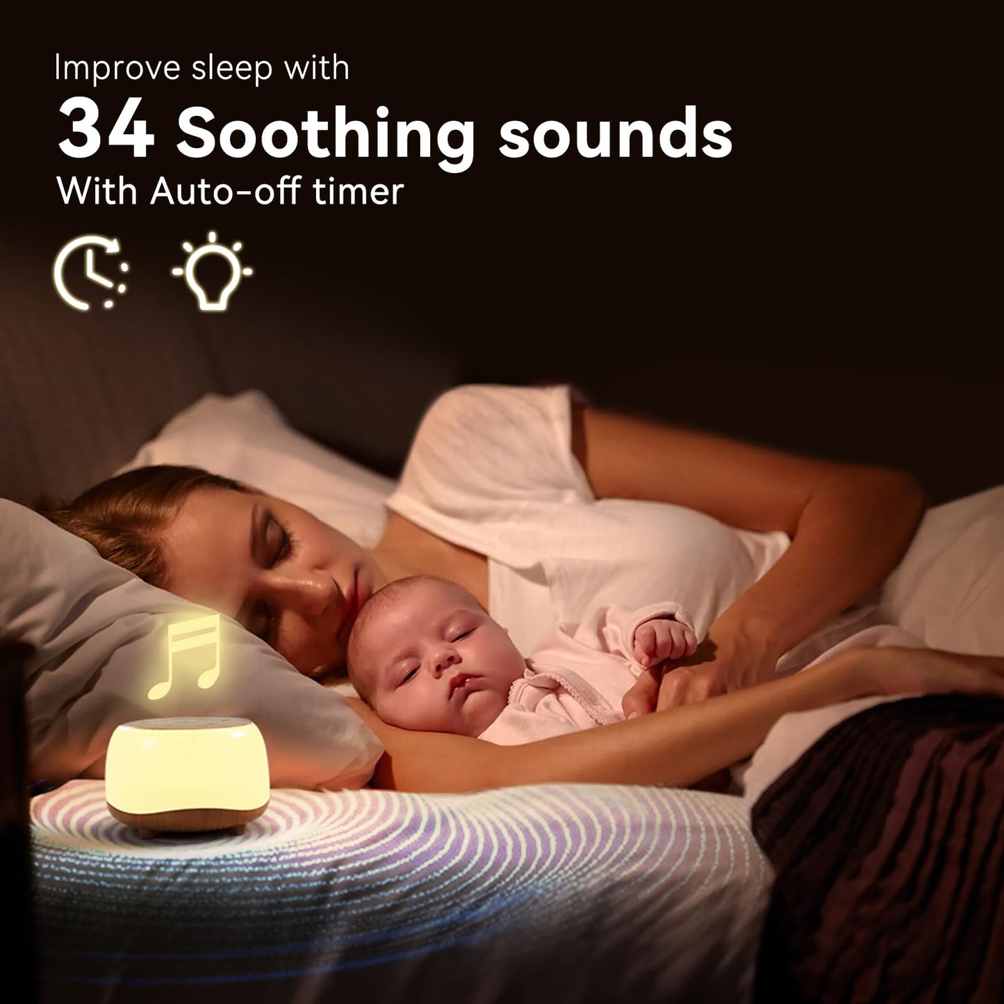 HEYAXA White Noise Sound Machine with 7-Color Night Light | 34 Sounds, Portable Sleep Aid (Black)