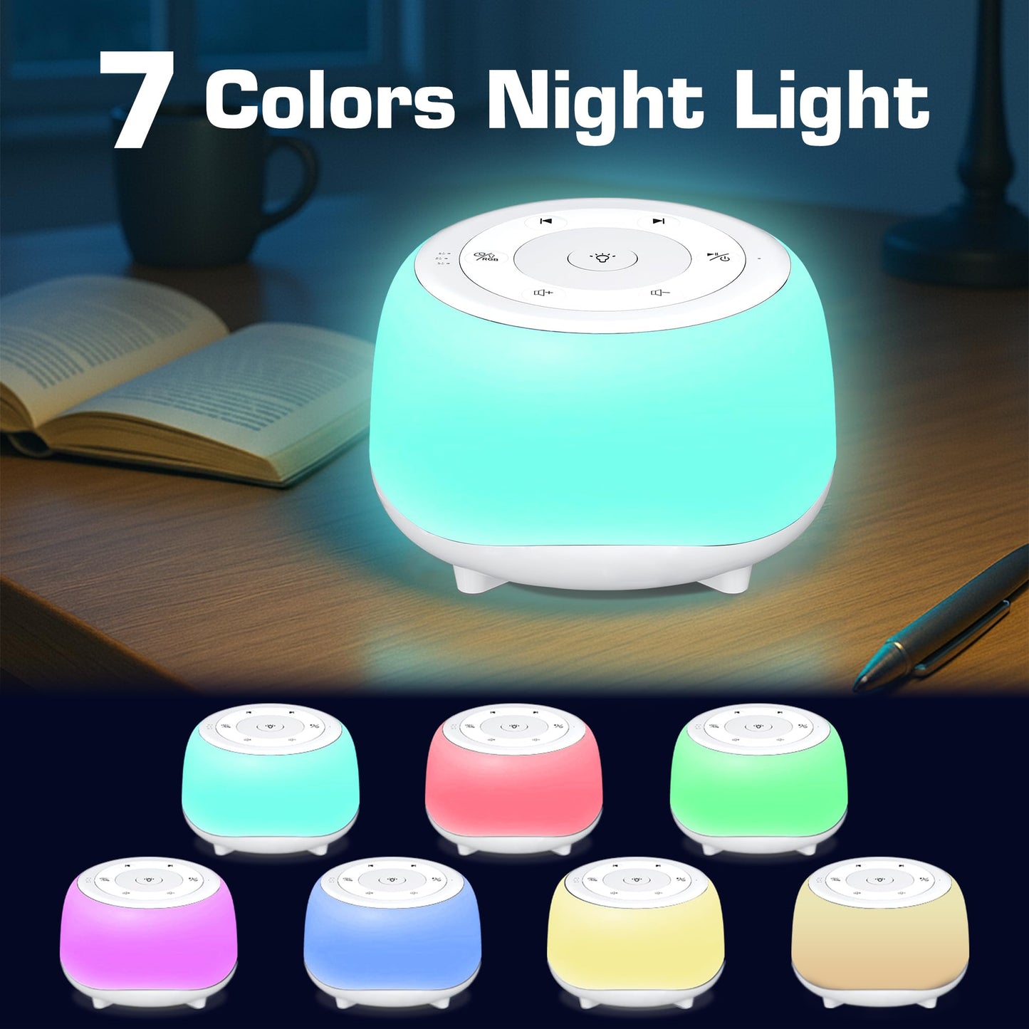 HEYAXA White Noise Sound Machine with 7-Color Night Light — 34 Soothing Sounds, Portable Sleep Aid