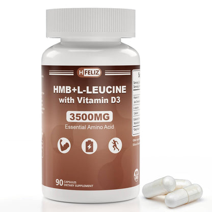 HFELIZ HMB + Leucine Supplement – 3500mg L-Leucine HMB with Vitamin D3, 90 Capsules