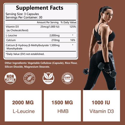 HFELIZ HMB + Leucine Supplement – 3500mg L-Leucine HMB with Vitamin D3, 90 Capsules