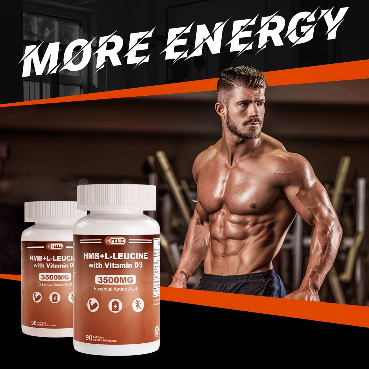 HFELIZ HMB + Leucine Supplement – 3500mg L-Leucine HMB with Vitamin D3, 90 Capsules