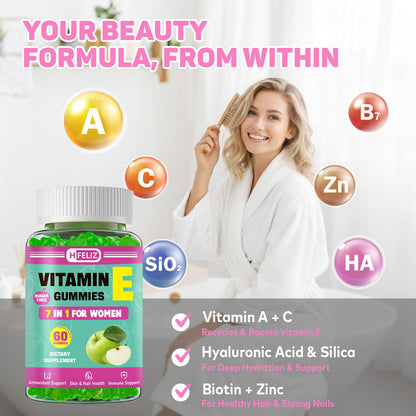 HFELIZ Vitamin E Gummies 400 IU for Women – 7-in-1 Skin, Nail, Hair & Antioxidant Support – 60 Ct