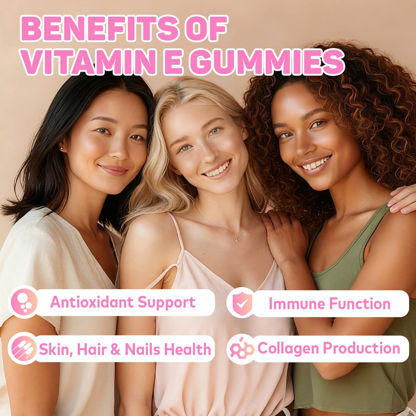 HFELIZ Vitamin E Gummies 400 IU for Women – 7-in-1 Skin, Nail, Hair & Antioxidant Support – 60 Ct