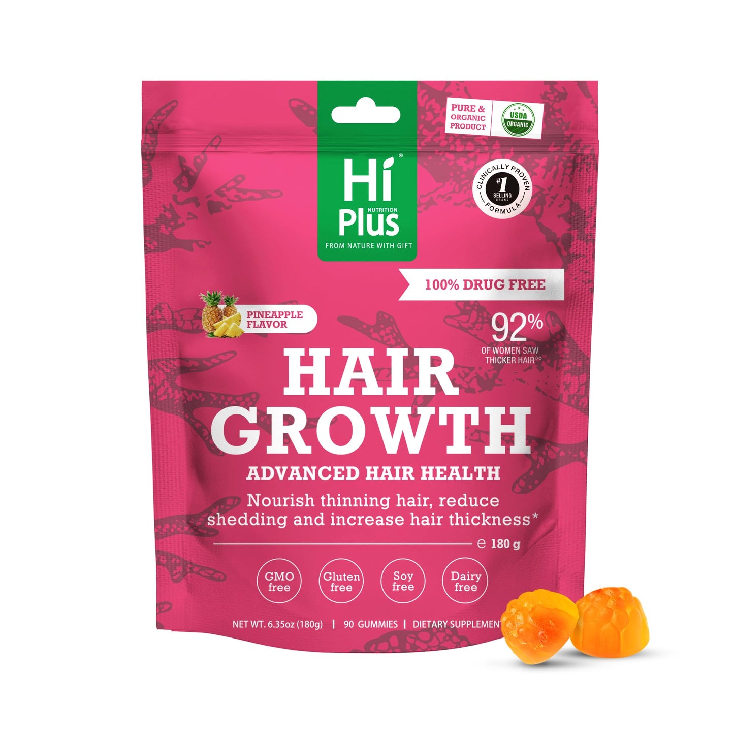 HiPlus Women's Hair Growth Gummies – Pineapple Flavor, 90 Gummies, 45-Day Supply | Biotin, Collagen, Zinc, Vitamin C & Iron