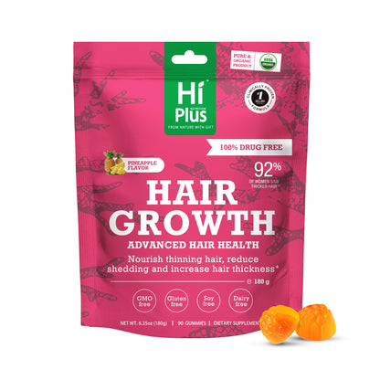 HiPlus Women's Hair Growth Gummies – Pineapple Flavor, 90 Gummies, 45-Day Supply | Biotin, Collagen, Zinc, Vitamin C & Iron