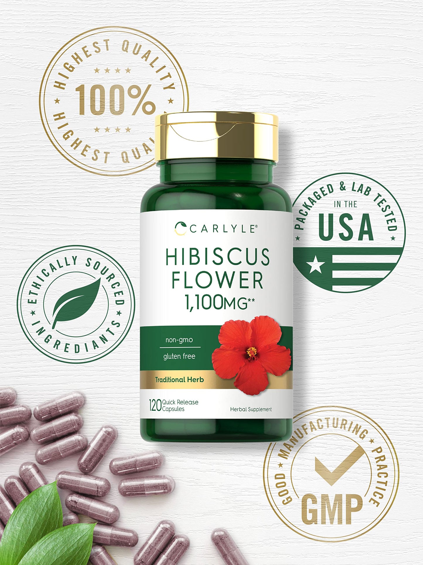 Carlyle Hibiscus Flower Extract 1100 mg | 120 Capsules | Non-GMO, Gluten Free