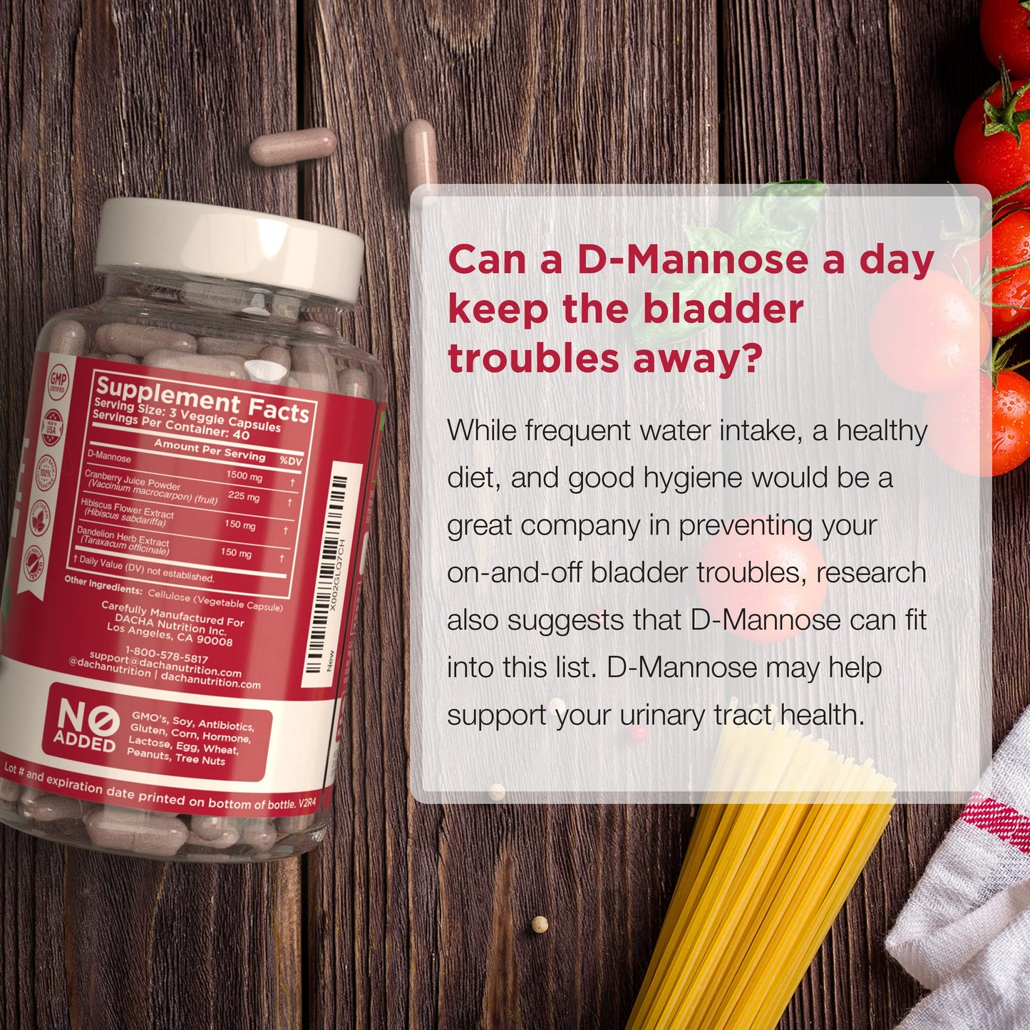 Natural D-Mannose Capsules 4-in-1 Formula - 120 Caps | 1500 mg Cranberry, Dandelion & Hibiscus