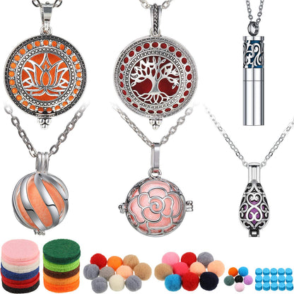 Hicarer 6 Pcs Essential Oil Diffuser Necklace for Women – Stainless Steel Aromatherapy Locket Pendant with 60 Refill Pads & Balls