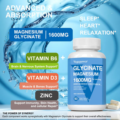 Magnesium Glycinate Capsules 200mg | Chelated Mg Bisglycinate + Vitamin D3, B6 & Zinc | Vegan 180 VegCaps