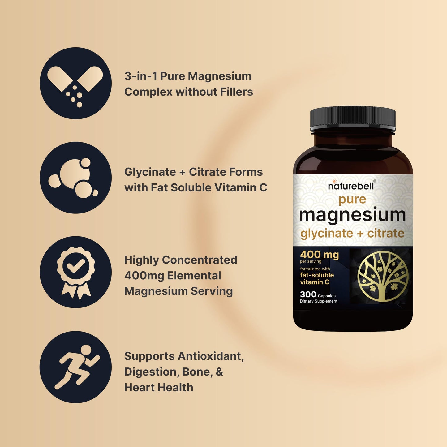 Magnesium Complex 400mg | 300 Capsules | Glycinate & Citrate | Non-GMO