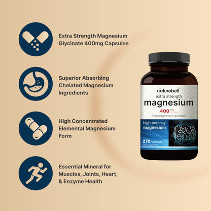 NatureBell Magnesium Glycinate 400mg | 270 Capsules | Chelated for High Absorption | Non-GMO, Gluten-Free, Vegan