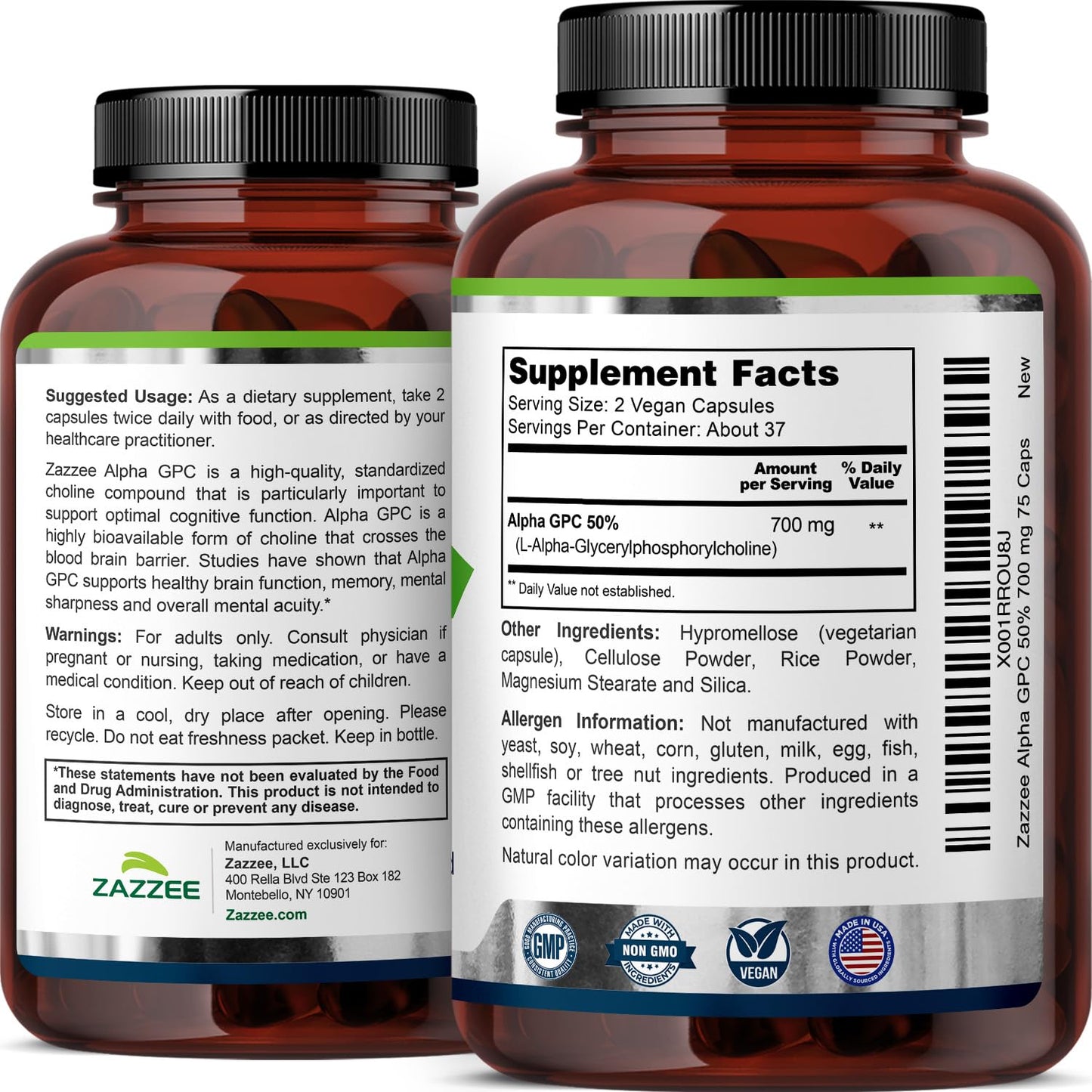 Zazzee Alpha GPC Choline 700 mg - 75 Vegan Capsules | Pharmaceutical Grade