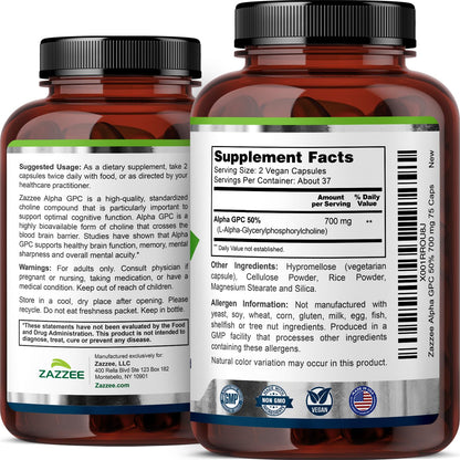 Zazzee Alpha GPC Choline 700 mg - 75 Vegan Capsules | Pharmaceutical Grade