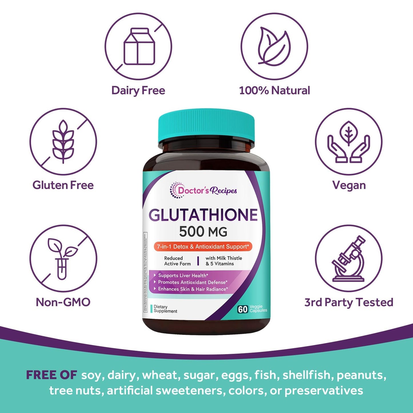 Doctor's Recipes Glutathione 500 mg - 60 Vegan Capsules | Liver & Immune Support