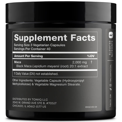 Black Maca Root - Ultra High Potency 20:1 Extract | Single Origin, Wildcrafted & Lab-Tested - 120 Capsules
