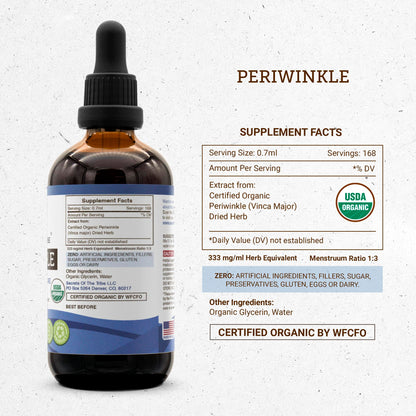Secrets of the Tribe Periwinkle USDA Organic | Alcohol-Free Extract, High-Potency Herbal Drops | Made from 100% Certified Organic Periwinkle (Vinca Major) Dried Herb (4 oz)