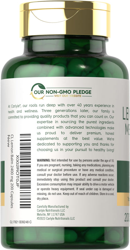 Carlyle Lemon Balm Capsules | 200 Count | Non-GMO and Gluten Free Formula | Melissa Leaf Traditional Herbal Supplement | Super Concentrated Extract