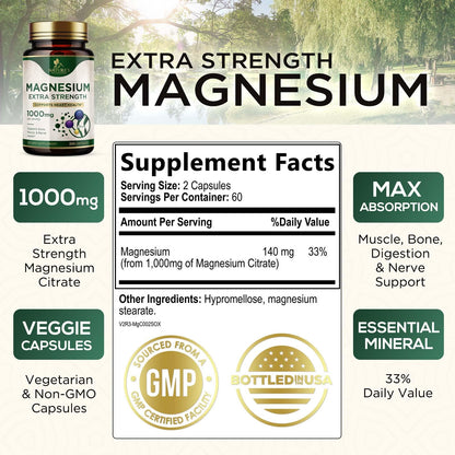 Magnesium Mineral Supplement 1000 mg – High Potency Citrate (120 Capsules)