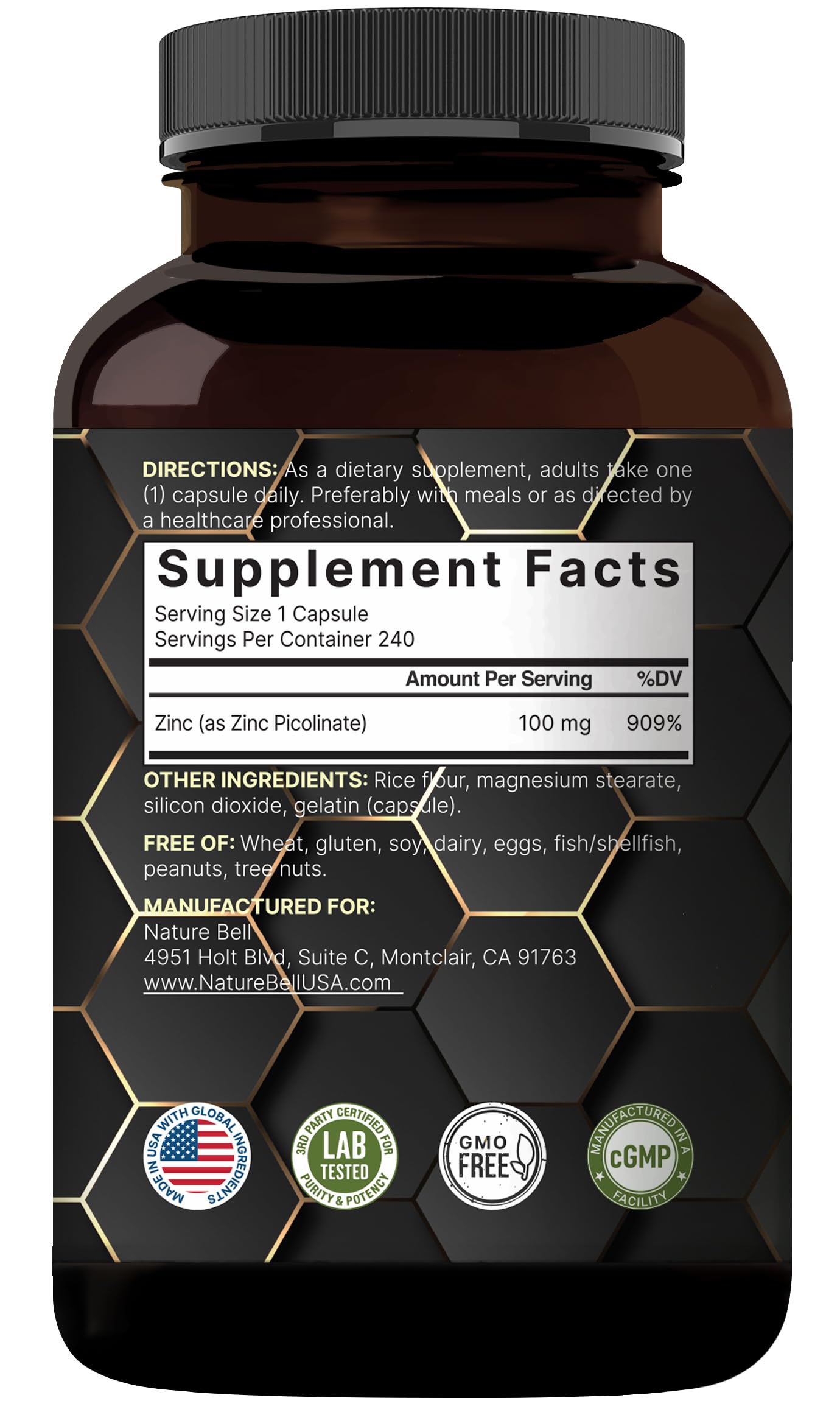High Potency Zinc Picolinate 100mg - 240 Capsules | Immune Support & Skin Health | Non-GMO & Gluten Free
