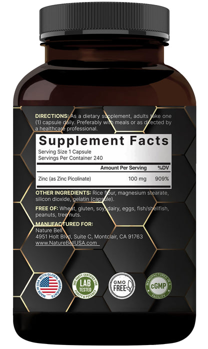 High Potency Zinc Picolinate 100mg - 240 Capsules | Immune Support & Skin Health | Non-GMO & Gluten Free