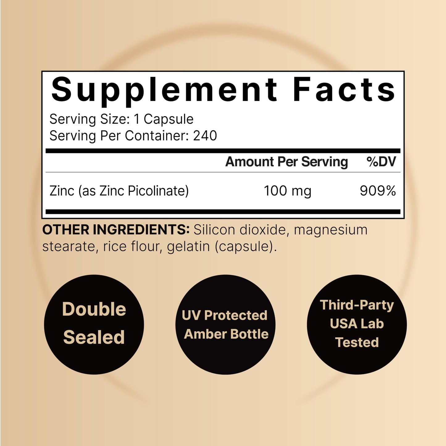 High Potency Zinc Picolinate 100mg - 240 Capsules | Immune Support & Skin Health | Non-GMO & Gluten Free