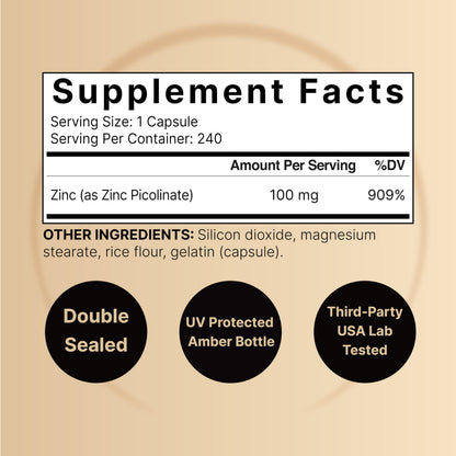 High Potency Zinc Picolinate 100mg - 240 Capsules | Immune Support & Skin Health | Non-GMO & Gluten Free