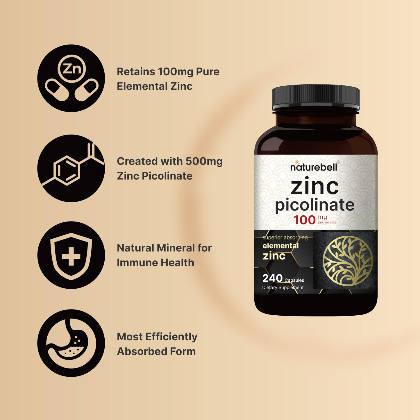 High Potency Zinc Picolinate 100mg - 240 Capsules | Immune Support & Skin Health | Non-GMO & Gluten Free
