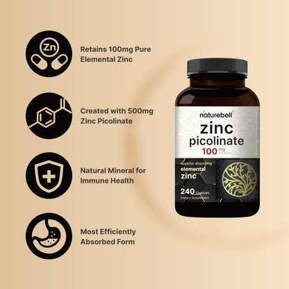 High Potency Zinc Picolinate 100mg - 240 Capsules | Immune Support & Skin Health | Non-GMO & Gluten Free