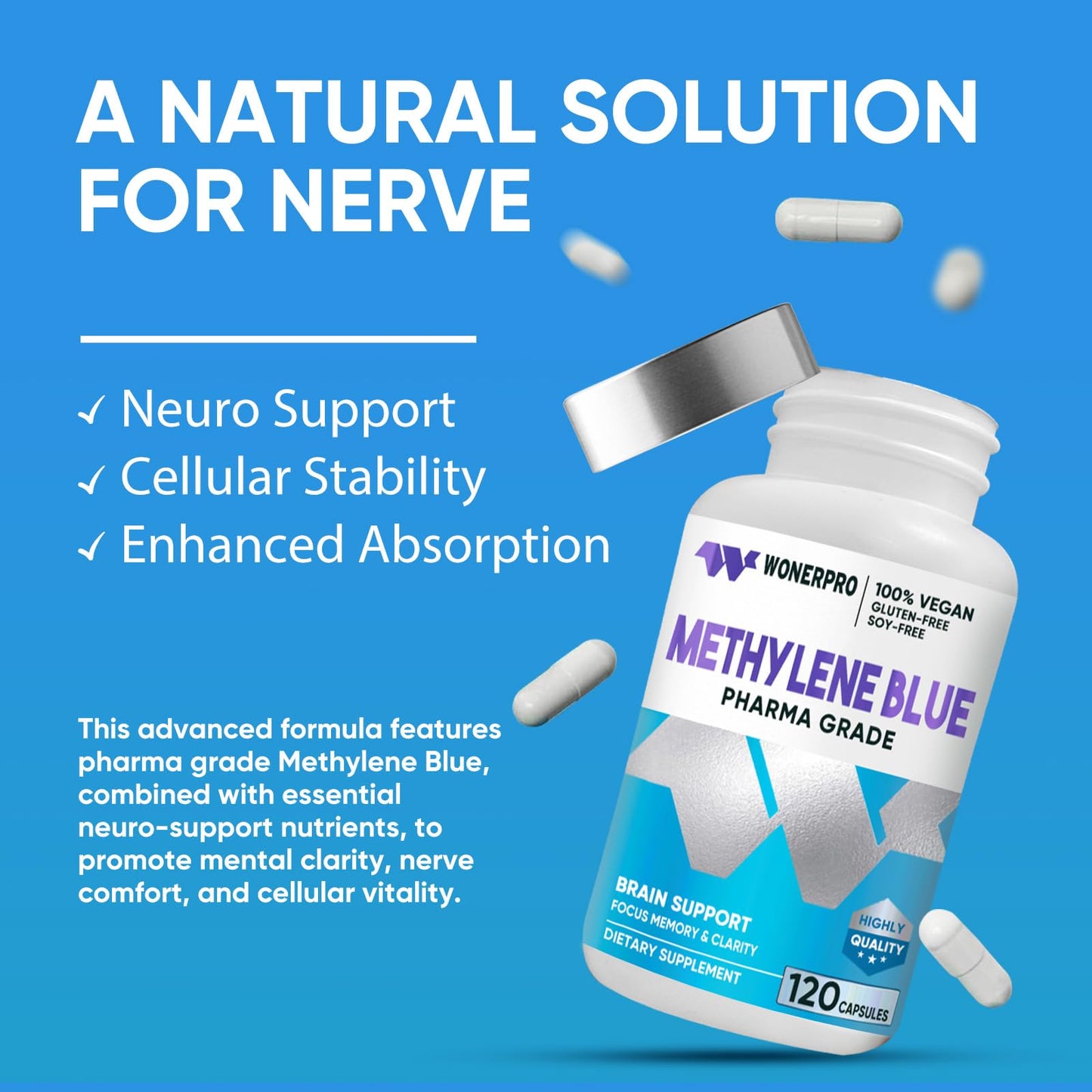 Methylene Blue Pharma Grade Capsules with Vitamin C Ester – Cognitive Support (120 caps)