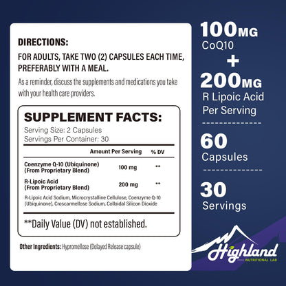 CoQ10 100mg + R-Lipoic Acid 200mg – Highland Nutritional Lab, 180 Capsules