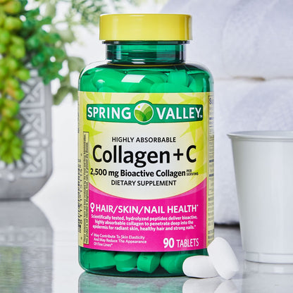 Spring Valley Collagen + C Tablets for Hair, Skin & Nails – 2,500 mg Collagen + 60 mg Vitamin C, 90 Count (Highly Absorbable)