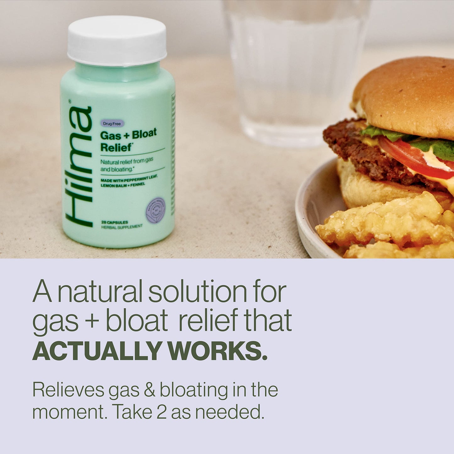 Hilma Gas & Bloat Relief for Women — Natural, Doctor-Formulated with Lemon Balm, Fennel & Peppermint (50 Vegan Capsules)