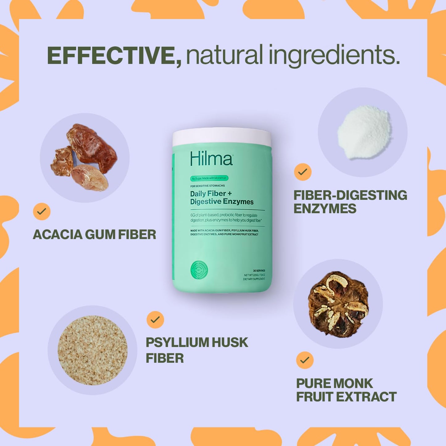 Hilma Daily Fiber & Digestive Enzymes | Fiber Powder with Psyllium Husk & Acacia – Gluten Free, Vegan, 30 Servings