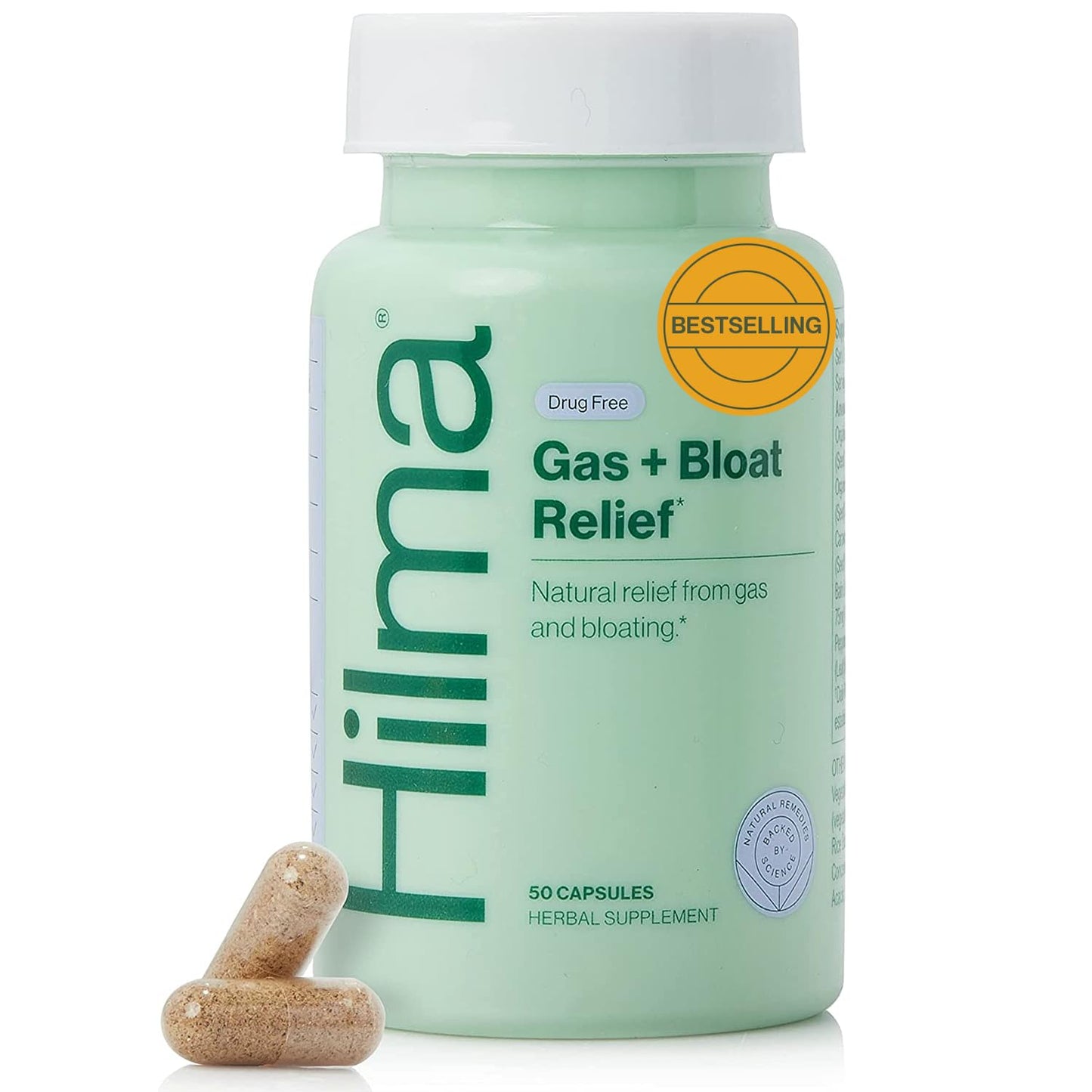 Hilma Gas & Bloat Relief for Women — Natural, Doctor-Formulated with Lemon Balm, Fennel & Peppermint (50 Vegan Capsules)