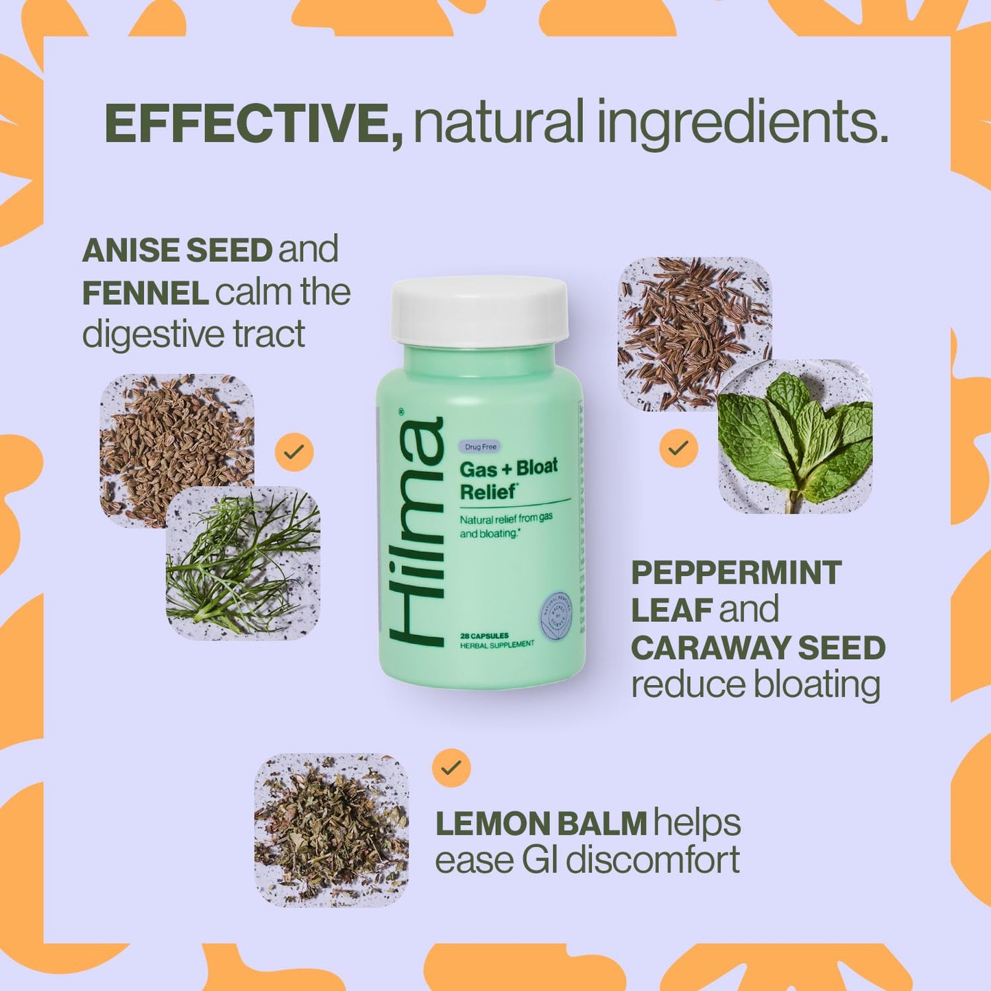 Hilma Gas & Bloat Relief for Women — Natural, Doctor-Formulated with Lemon Balm, Fennel & Peppermint (50 Vegan Capsules)