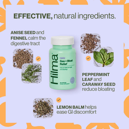 Hilma Gas & Bloat Relief for Women — Natural, Doctor-Formulated with Lemon Balm, Fennel & Peppermint (50 Vegan Capsules)