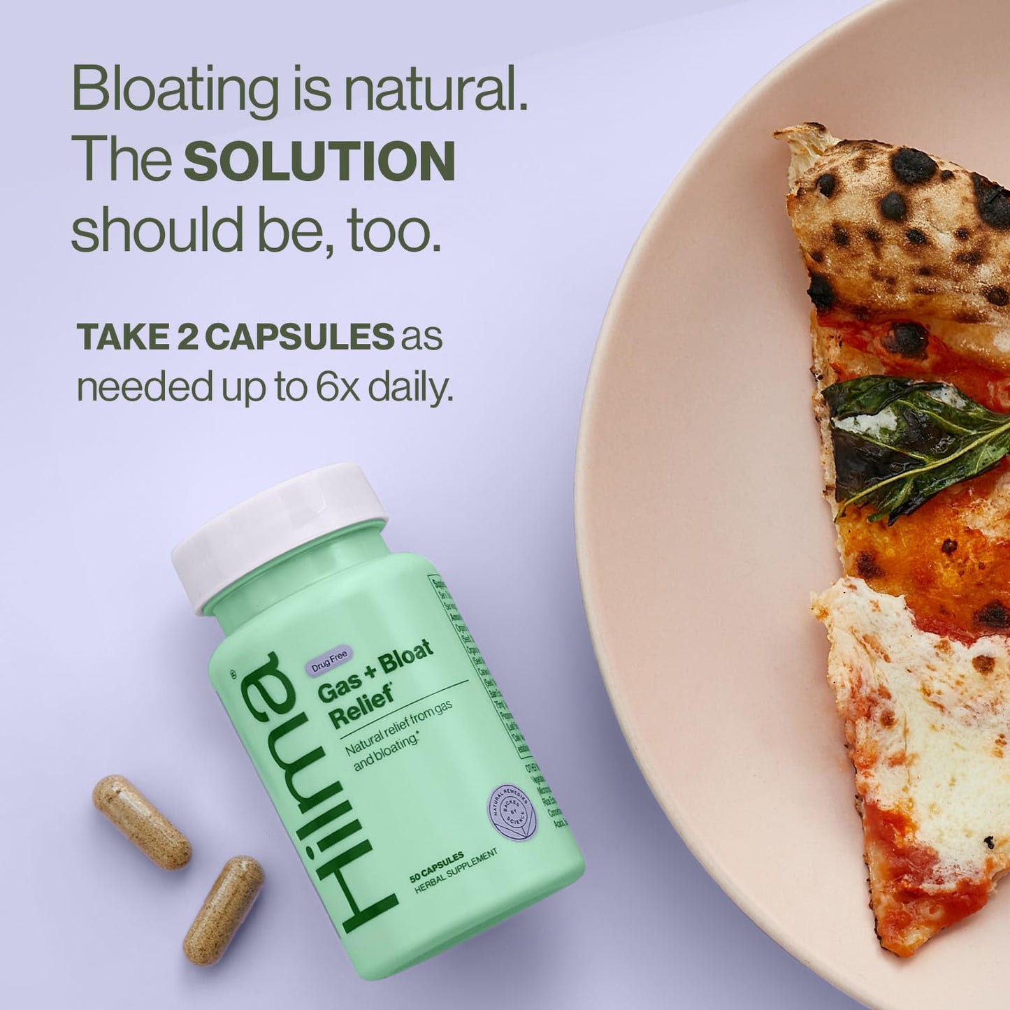 Hilma Gas & Bloat Relief for Women — Natural, Doctor-Formulated with Lemon Balm, Fennel & Peppermint (50 Vegan Capsules)
