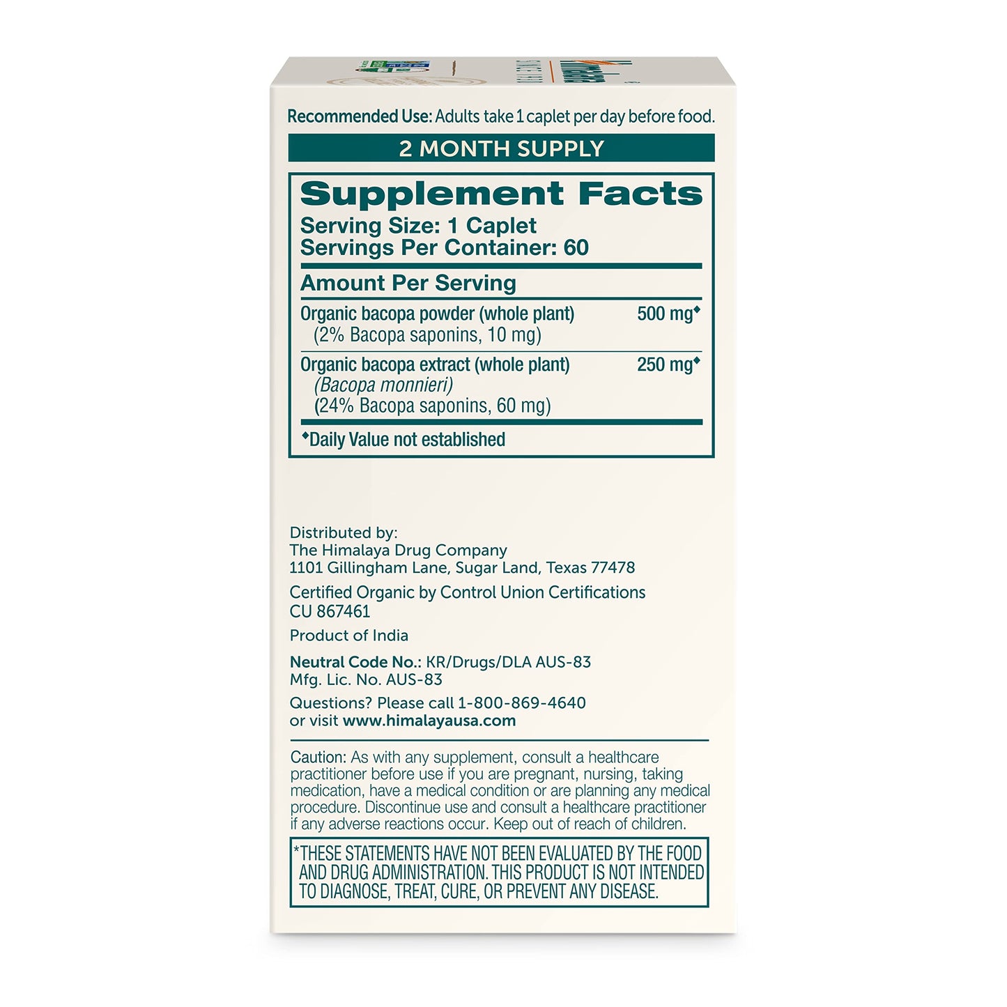 Himalaya Bacopa Monnieri Nootropic – Organic 750 mg, 60 Caplets