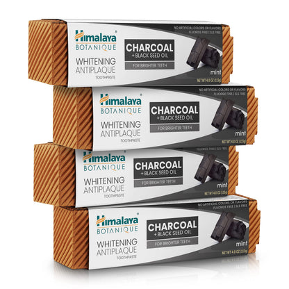 Himalaya Botanique Charcoal Whitening Toothpaste with Black Seed Oil – Fluoride Free, Antiplaque, 4 oz (4 Pack)