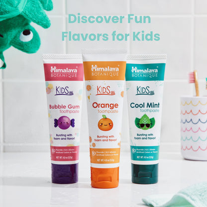Himalaya Botanique Kids Toothpaste with Xylitol - Variety Pack (Bubble Gum, Orange & Cool Mint) Fluoride Free, Vegan, Gluten Free | 4 oz Pack of 3