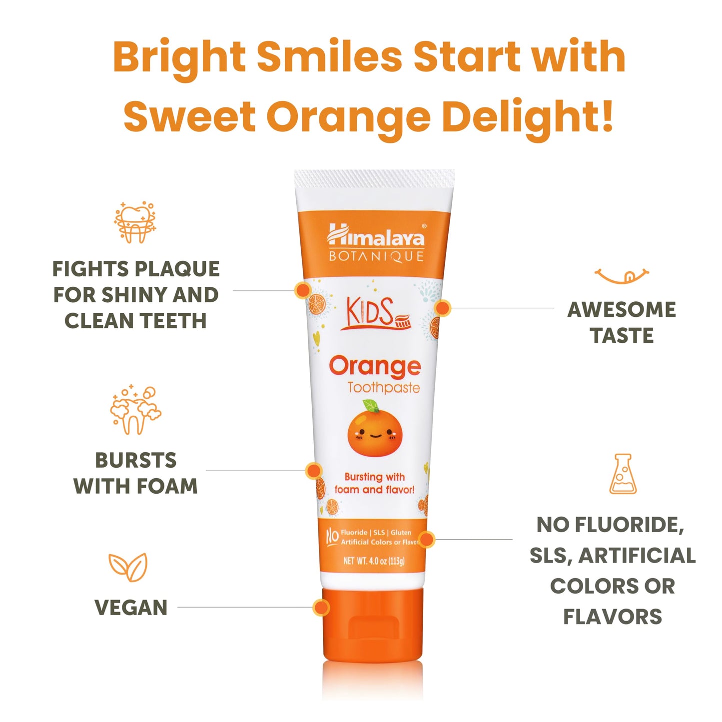 Himalaya Botanique Kids Toothpaste – Herbal Orange Flavor, Fluoride-Free, Vegan, SLS-Free, 4 Oz (1 Pack)