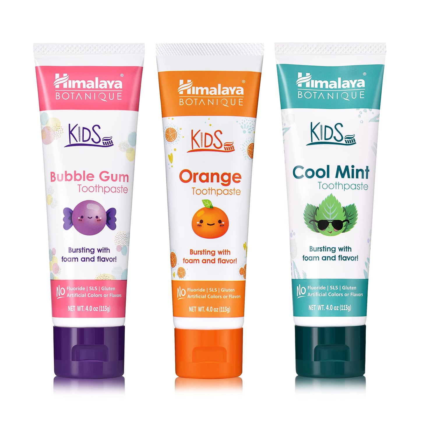 Himalaya Botanique Kids Toothpaste with Xylitol - Variety Pack (Bubble Gum, Orange & Cool Mint) Fluoride Free, Vegan, Gluten Free | 4 oz Pack of 3